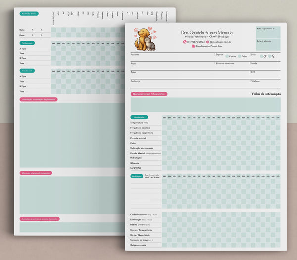Ficha de internação para controle de pacientes hospitalizados veterinária | Formulário de monitoramento de sinais vitais em animais