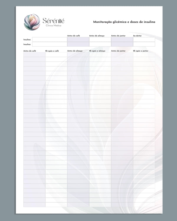 Ficha de monitoração glicêmica para médicos. Ideal para acompanhamento de diabetes e aplicação de insulina. Impressão premium.
