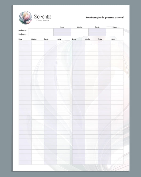 Ficha de monitoração gde pressão arterial. Tabela para pacientes de cardiologia. Papelaria médica.