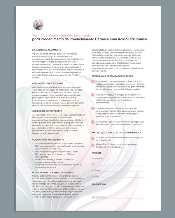 Ficha clínica de preenchimento dérmico com ácido hialurônico para rosto, colo, pescoço e mãos