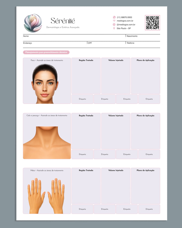 Ficha clínica de preenchimento dérmico com ácido hialurônico para rosto, colo, pescoço e mãos