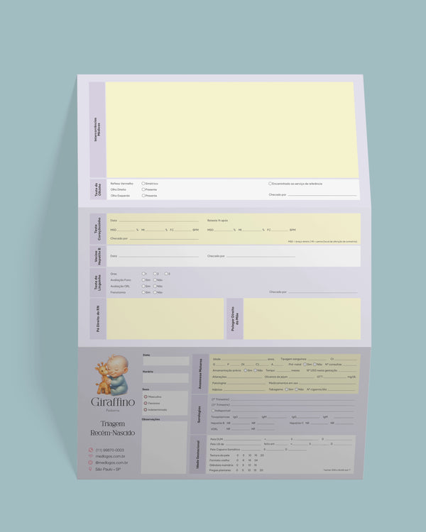 Ficha de triagem neonatal para pediatras — impressão premium com exames e doenças rastreadas no teste do pezinho