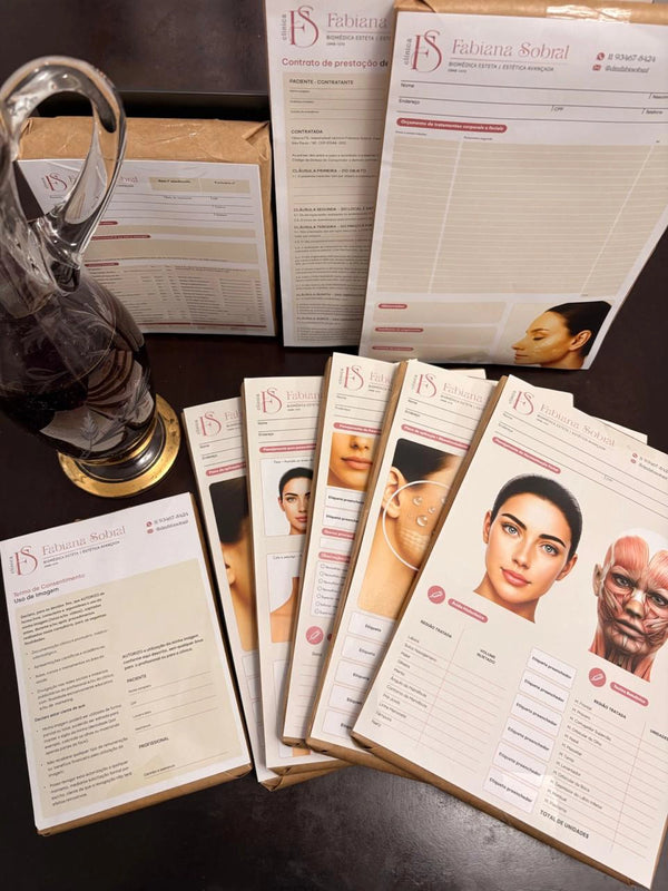 Fichas de estética e harmonização corporal e facial. Anamnese, contratos e termos de estética avançada.
