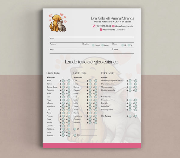Laudo de teste alérgico para dermatologia veterinária com prick teste e patch teste.
