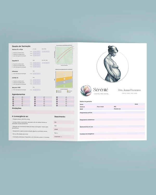 Cartão pré-natal modelo em papel sem brilho, fosco. Alta qualidade e resistência. Papel grosso e de qualidade. Não borra.