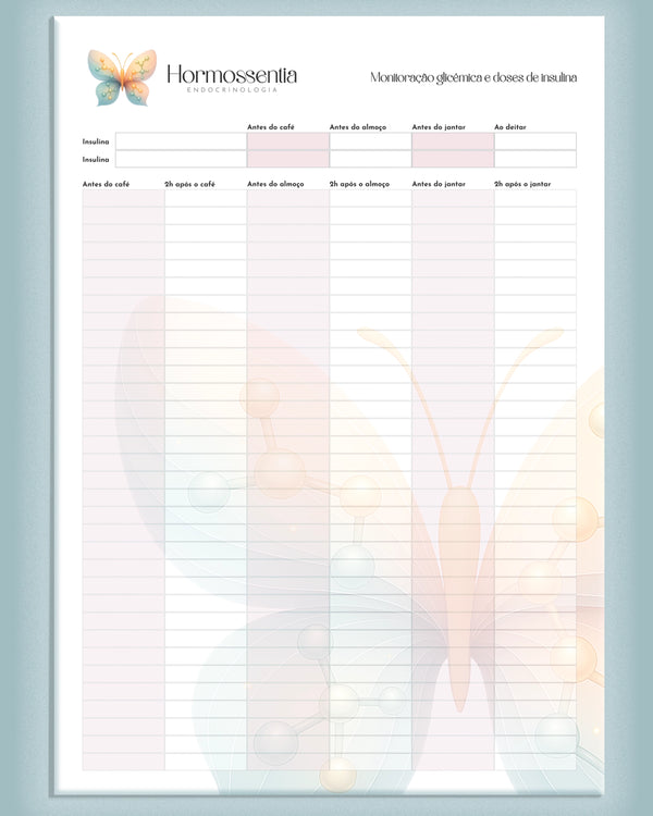 Ficha de monitoração de glicemia para pacientes de endocrinologistas. Papelaria sofisticada para médicos.