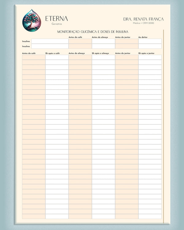 Ficha de glicemia e insulina geriatria - impressão premium e acompanhamento clínico.
