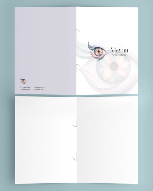 Pasta médica para oftalmologistas. Impressão premium e layout funcional para organização em clínicas e consultórios.