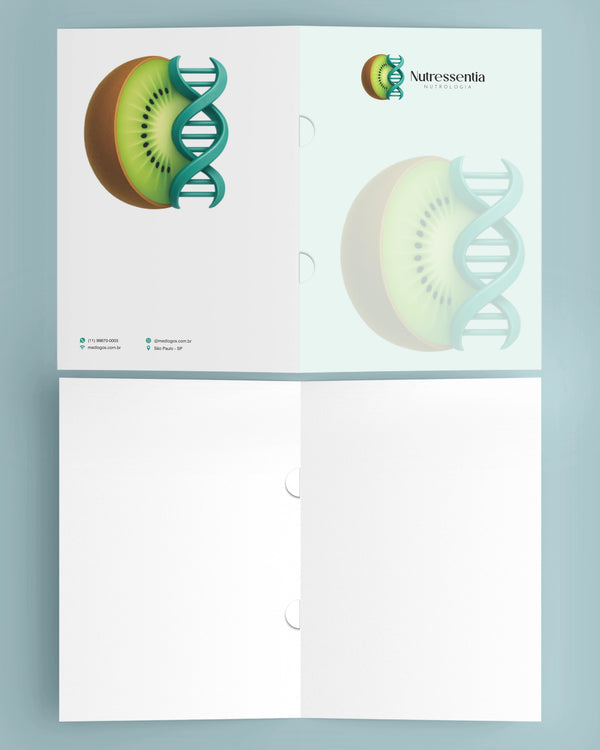 Pasta médica para nutrologia com orelha para organização de prontuários, impressa com design personalizado pela gráfica Med Logos.