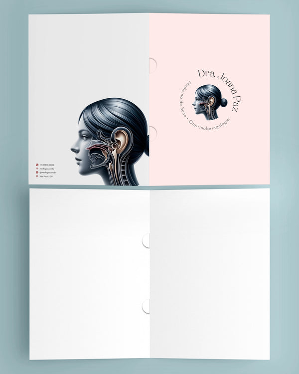 Pasta médica para otorrinolaringologia com orelha para organização de prontuários, impressa com design personalizado pela gráfica Med Logos.