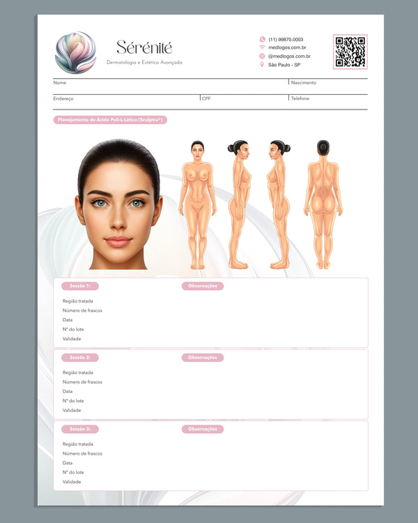 Ficha clínica para aplicação de Sculptra com campos de planejamento estético e acompanhamento de resultados