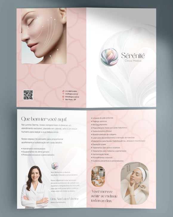 Folder premium para apresentação de serviços médicos, de dermatologia e também de estética corporal e facial. Impressão e design.