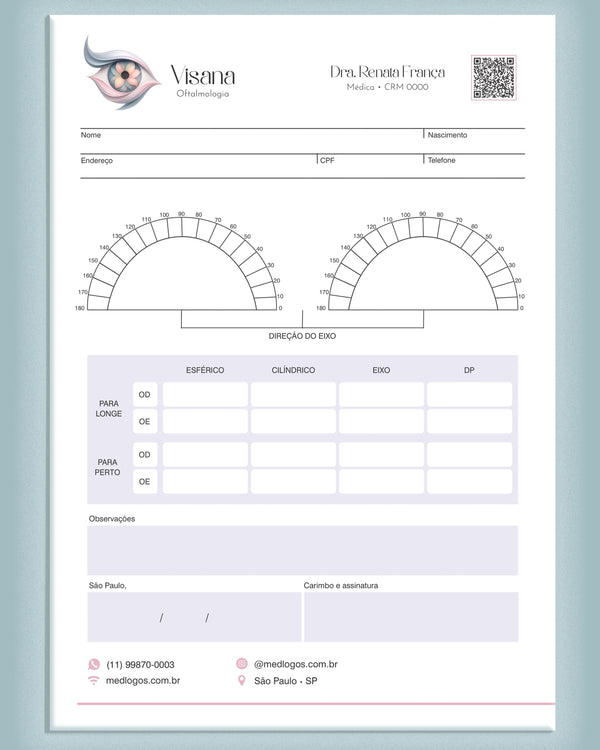 Prescrição de lentes para oftalmologia, impressão premium e design funcional.