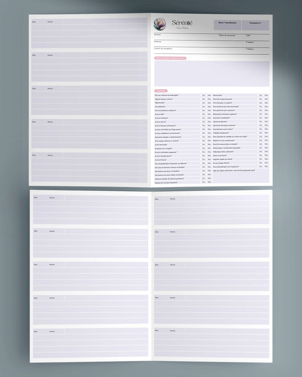 Prontuário médico completo com anamnese, personalizado e impresso para clínicas e consultórios. Gráfica médica especializada.