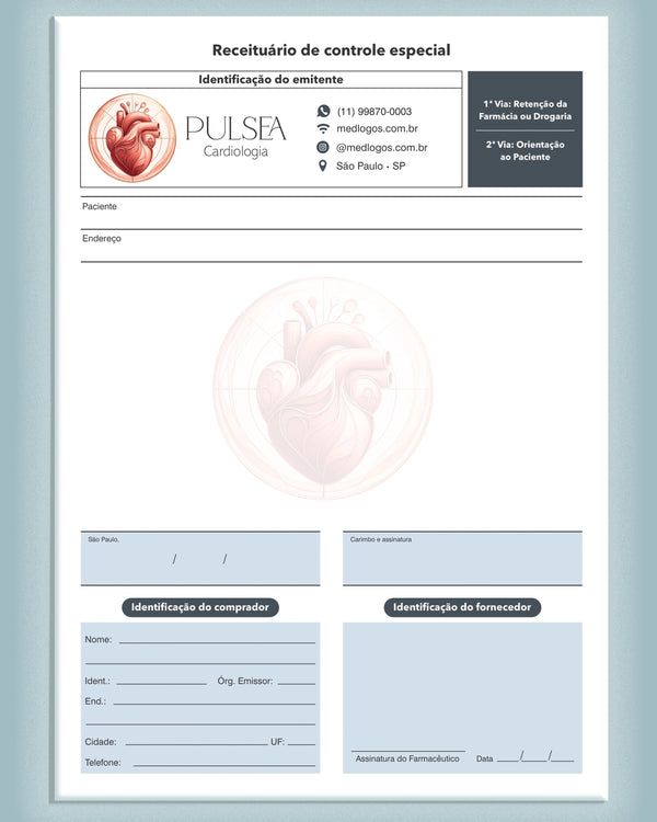 Receituário controle especial para cardiologia, impressão premium.
