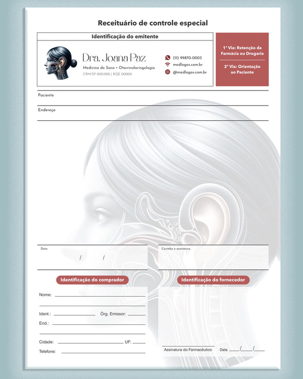 Receituário de controle especial para otorrinolaringologia, com campos para prescrições controladas, impresso pela gráfica Med Logos.
