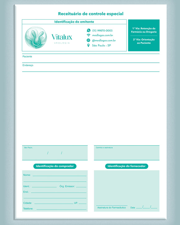Bloco autocopiativo de receituário para urologia, com vias para médico e paciente, impresso pela gráfica Med Logos.