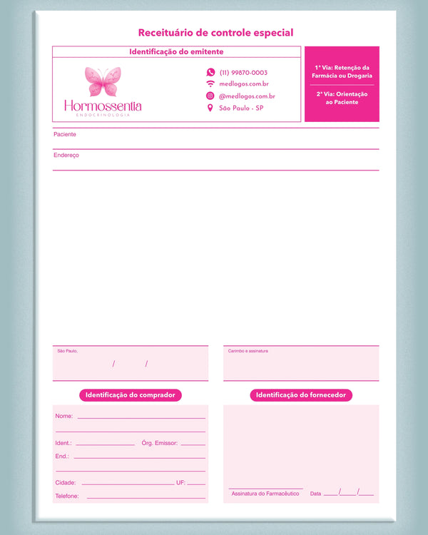 Receituário de controle especial endocrinologia - impressão premium e layout funcional.
