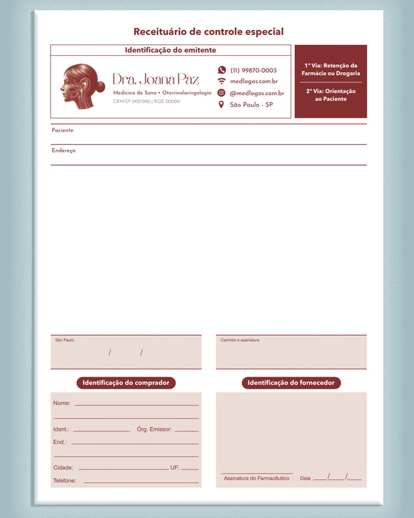 Receituário de controle especial autocopiativo em 2 vias de papel carbonado para médicos otorrinolaringologistas.