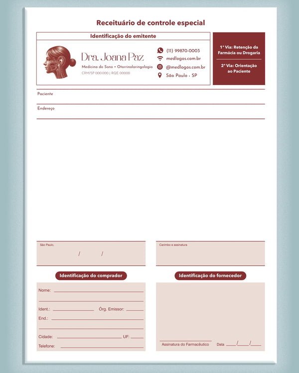 Receituário de controle especial autocopiativo em 2 vias de papel carbonado para médicos otorrinolaringologistas.