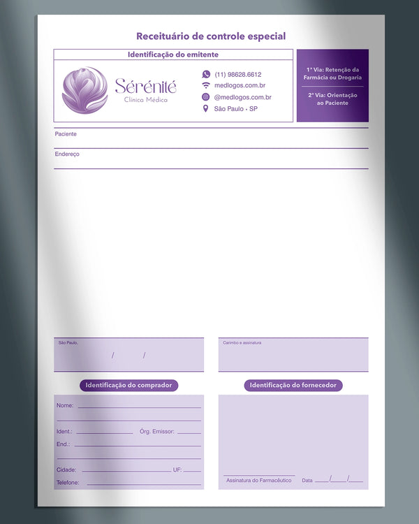 Receiituário médico com impressão em papel carbono autocopiativo. Modelo com design exclusivo. Impressão gráfica exclusiva para médicos.