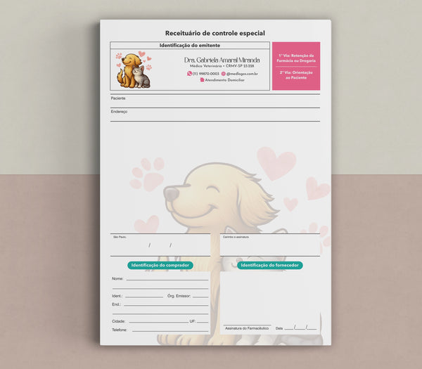 Receituário de controle especial veterinário com impressão de segurança e alta qualidade.