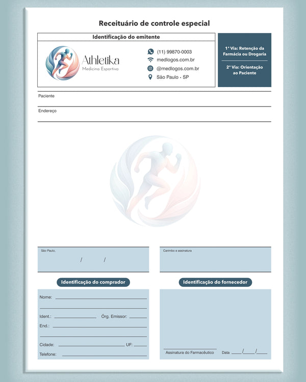 Receituário de controle especial medicina esportiva - impressão premium e layout funcional.