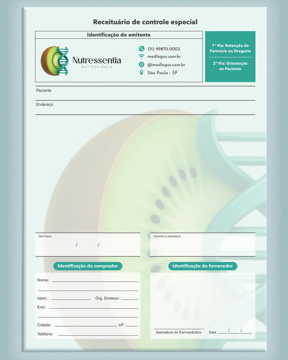 Receituário médido de controle especial para nutrologia, com campos para prescrições controladas, em papel autocopiativo carbonado 2 vias.