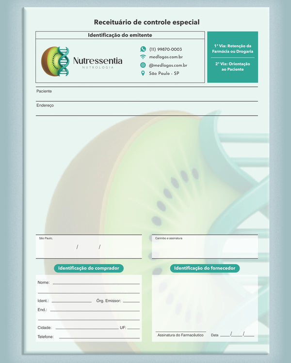Receituário médido de controle especial para nutrologia, com campos para prescrições controladas, em papel autocopiativo carbonado 2 vias.
