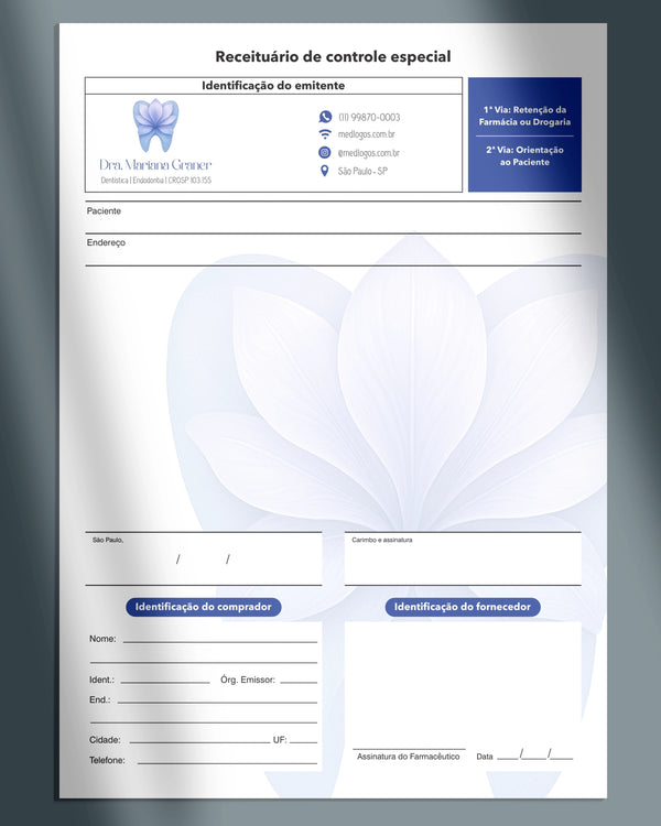 Receituário de controle especial odontológico para dentistas, impressão confiável e design profissional.