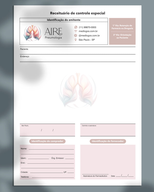 Receituário controle especial para pneumologia, impressão profissional.
