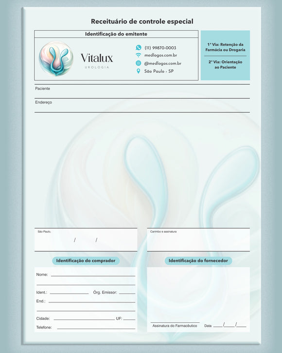 Receituário de controle especial para urologia, com campos para prescrições controladas, impresso pela gráfica Med Logos.