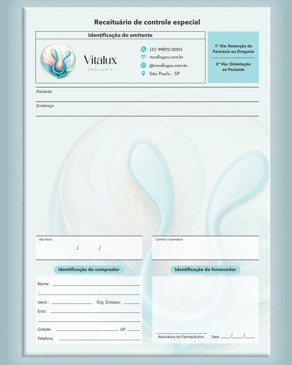 Receituário de controle especial para urologia, com campos para prescrições controladas, impresso pela gráfica Med Logos.