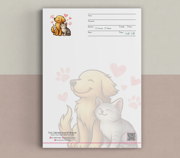 Receituário veterinário personalizado com logotipo e impressão premium para clínicas veterinárias.