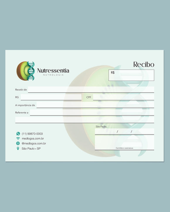 Talão de recibo médico para nutrologia com campos para valores e serviços, impresso em bloco pela gráfica Med Logos, especializados em medicina.