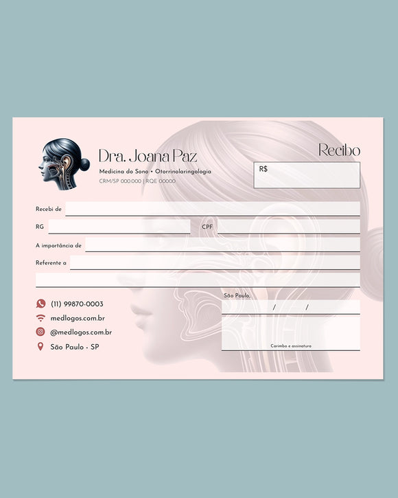 Talão de recibo médico para otorrinolaringologia com campos para valores e serviços, impresso em bloco pela gráfica Med Logos.