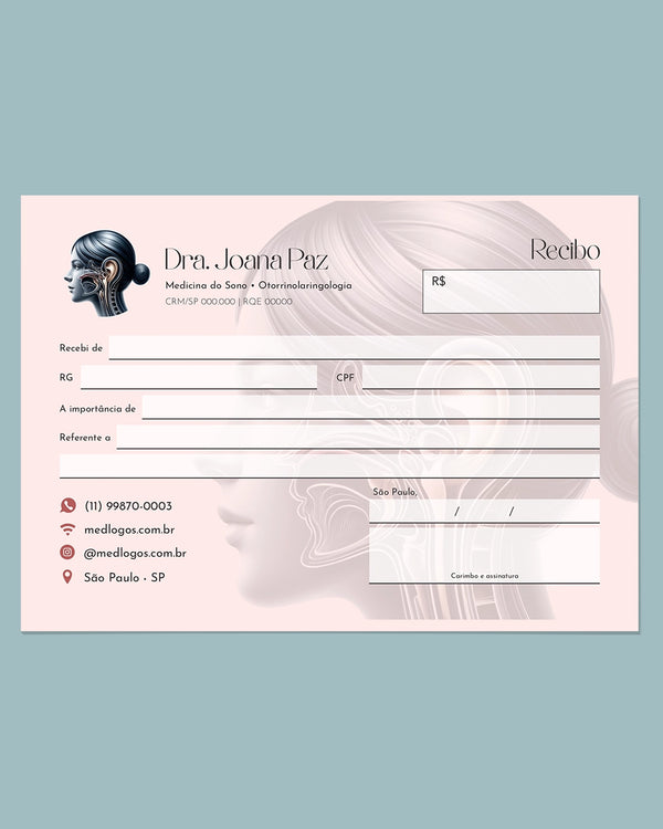 Talão de recibo médico para otorrinolaringologia com campos para valores e serviços, impresso em bloco pela gráfica Med Logos.