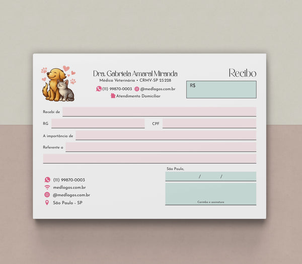 Talão de recibos veterinário em bloco de recibos para clínica e consultório veterinária. Também para atendimento Domiciliar.