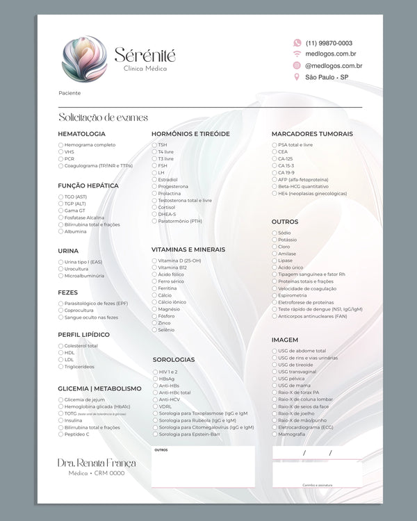 Requisição de exames personalizada completa e dividida em categorias para médicos. Gráfica e design especializado. Impressão premium