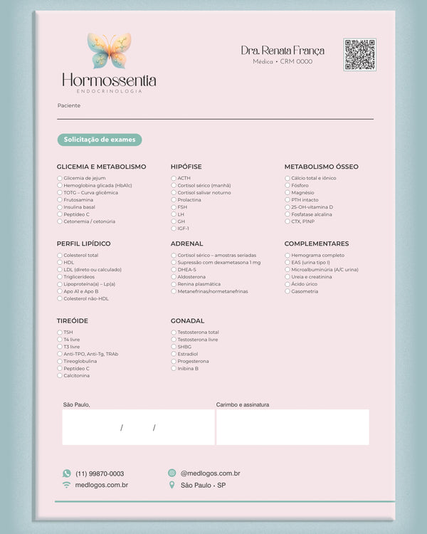 Solicitação de exames endocrinologia - impressão premium e layout funcional para médicos.