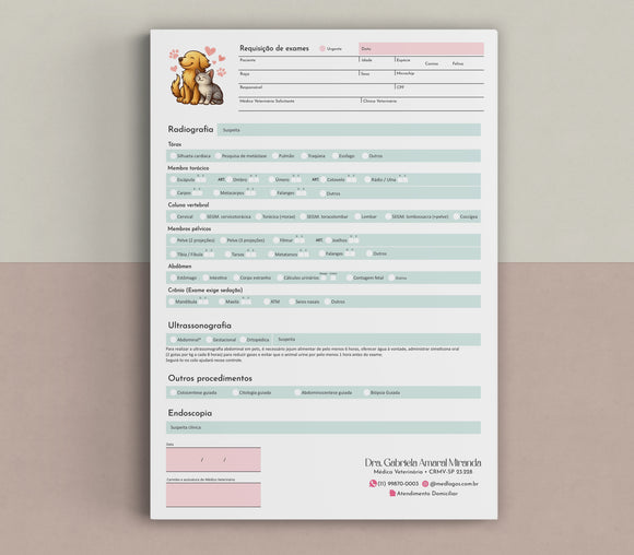 Formulário de requisição para raio-x, endoscopia e ultrassom veterinário | Solicitação de exames de imagem personalizada para clínicas