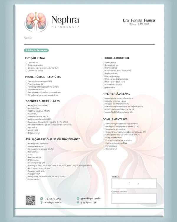 Solicitação de exames personalizada para nefrologia. Impressão premium em gráfica médica especializada.