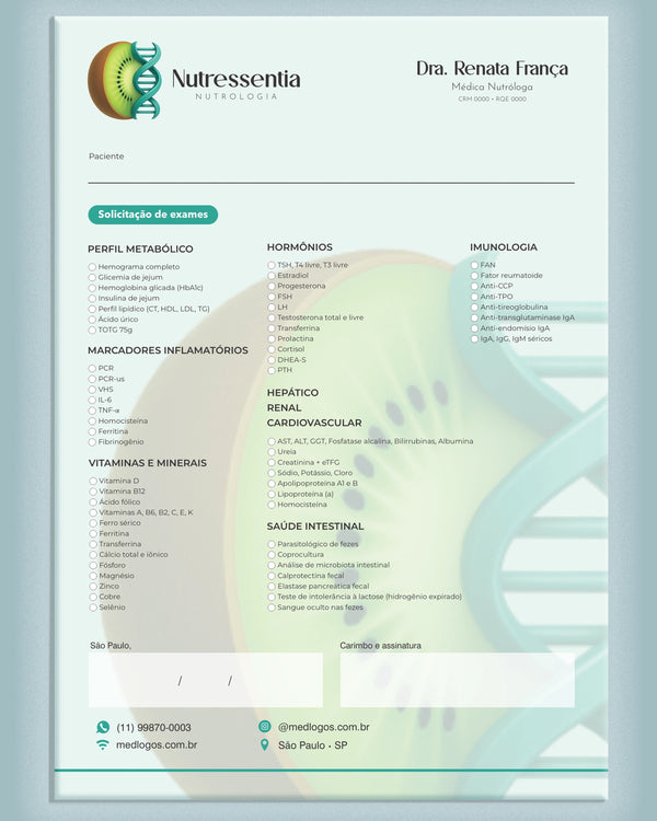 Formulário de solicitação de exames laboratoriais para nutrologia, com campos para testes e paciente, impresso pela gráfica Med Logos.