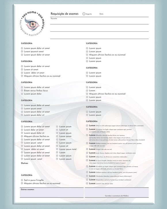 Solicitação de exames oftalmologia - impressão premium e layout funcional.