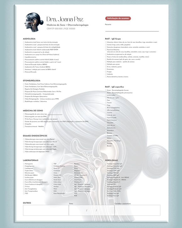 Formulário de solicitação de exames laboratoriais para otorrinolaringologia, com campos para testes e paciente, impresso pela gráfica Med Logos.
