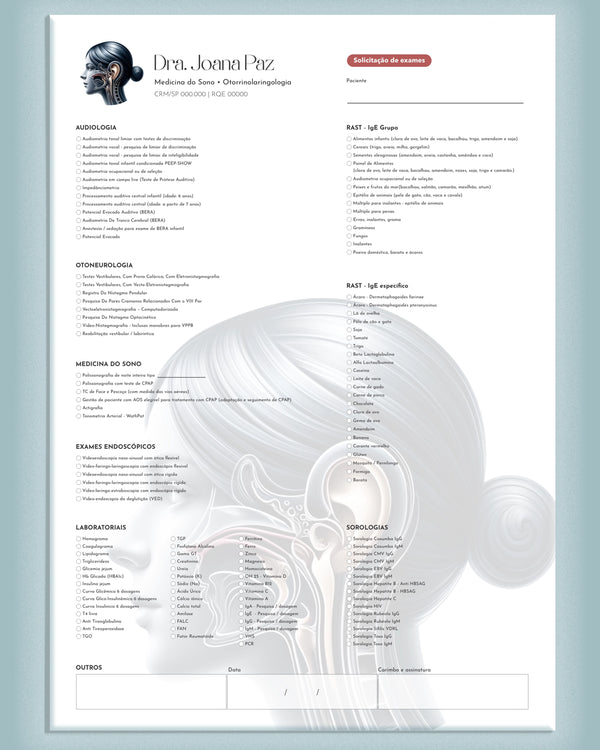Formulário de solicitação de exames laboratoriais para otorrinolaringologia, com campos para testes e paciente, impresso pela gráfica Med Logos.