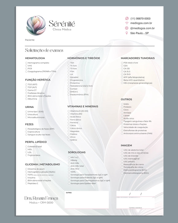 Solicitação de exames de psiquiatria laboratoriais. Impressão gráfica premium e design especializado.