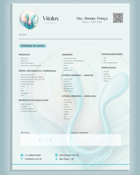 Formulário de solicitação de exames laboratoriais para urologia, com campos para testes e paciente, impresso pela gráfica Med Logos.