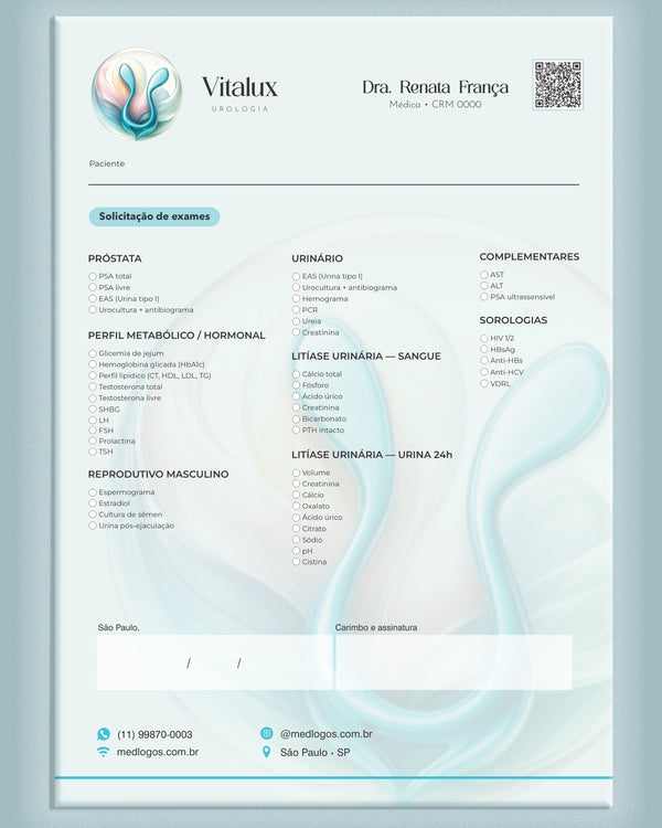 Formulário de solicitação de exames laboratoriais para urologia, com campos para testes e paciente, impresso pela gráfica Med Logos.