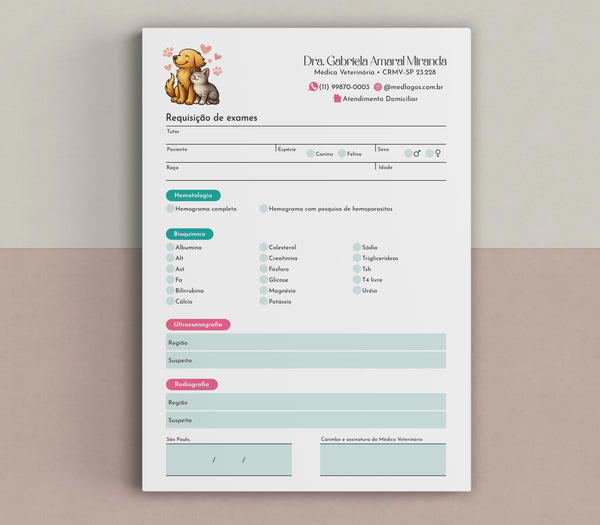 Solicitação de exames para médicos veterinários, impressão e personalização,